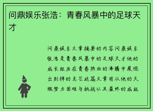 问鼎娱乐张浩：青春风暴中的足球天才