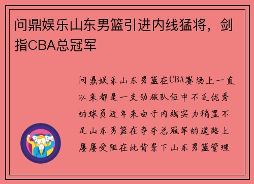 问鼎娱乐山东男篮引进内线猛将，剑指CBA总冠军