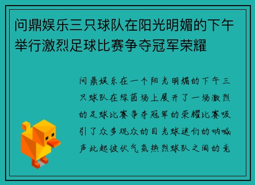 问鼎娱乐三只球队在阳光明媚的下午举行激烈足球比赛争夺冠军荣耀