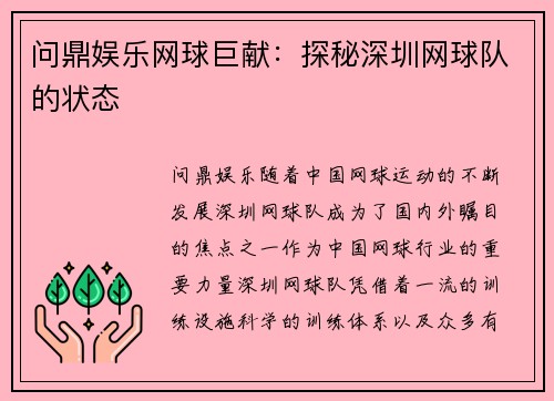 问鼎娱乐网球巨献：探秘深圳网球队的状态