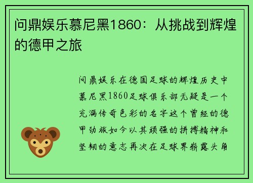 问鼎娱乐慕尼黑1860：从挑战到辉煌的德甲之旅